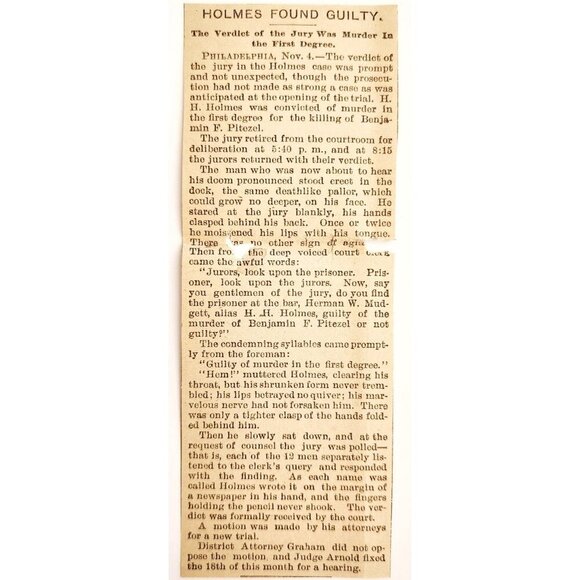 1895 H.H. Holmes Verdict Guilty Worlds Fair Serial Killer Article Victorian F13J - Picture 2 of 3